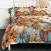 3PCS Colorful Oil Painting Pumpkin Pattern Quilt Set For All Seasons Flower Fall Leaves Bedding Set With 2 Pillowcases For Kids Adults Thanksgivi