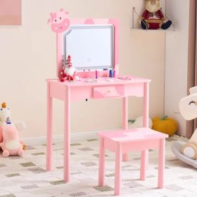 Pink MDF + Solid Wood Legs, Spray Paint + Silkscreen Printing, Cow Pattern, 1-drawer Children's Dressing Table Set, LED Three-color Backlit Touch (Option: defaulttitle)