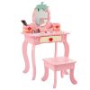 Pink MDF Spray-painted + Apple-printed 1-drawer 2-desktop Storage Box Children's Dressing Table Set