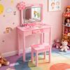 Pink MDF + Solid Wood Legs, Spray Paint + Silkscreen Printing, Cow Pattern, 1-drawer Children's Dressing Table Set, LED Three-color Backlit Touch