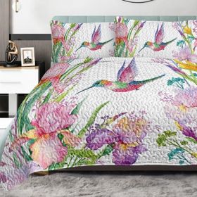 3pcs Colorful Bird Flower Design Quilt Set Soft Warm Bedding Set Include 1 Quilt And 2 Pillowcases For Home Bedroom Decor All Season (Option: Queen-pink)