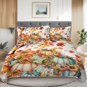 Autumn Theme 3 Pcs Quilt Set - Pumpkin Print Bedspread Coverlet (Option: QUEEN)