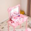 Pink MDF + Solid Wood Legs, Spray Paint + Silkscreen Printing, Cow Pattern, 1-drawer Children's Dressing Table Set, LED Three-color Backlit Touch