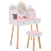 White And Pink Crown Element, MDF + Particleboard + Solid Wood Legs, Painted And Melamine Laminated, 4-drawer Children's Dressing Table Set