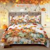 3PCS Colorful Oil Painting Pumpkin Pattern Quilt Set For All Seasons Flower Fall Leaves Bedding Set With 2 Pillowcases For Kids Adults Thanksgivi