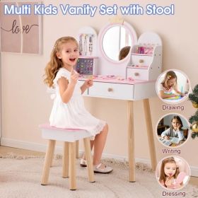 White And Pink Crown Element, MDF + Particleboard + Solid Wood Legs, Painted And Melamine Laminated, 4-drawer Children's Dressing Table Set (Option: defaulttitle)