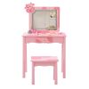 Pink MDF + Solid Wood Legs, Spray Paint + Silkscreen Printing, Cow Pattern, 1-drawer Children's Dressing Table Set, LED Three-color Backlit Touch