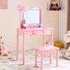 Pink MDF + Solid Wood Legs, Spray Paint + Silkscreen Printing, Cow Pattern, 1-drawer Children's Dressing Table Set, LED Three-color Backlit Touch