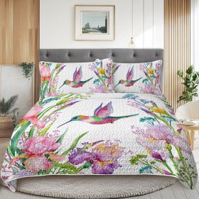 Watercolor Hummingbird Flowers Pattern Quilt Set -1 Quilt, 2 Shams (Option: QUEEN)